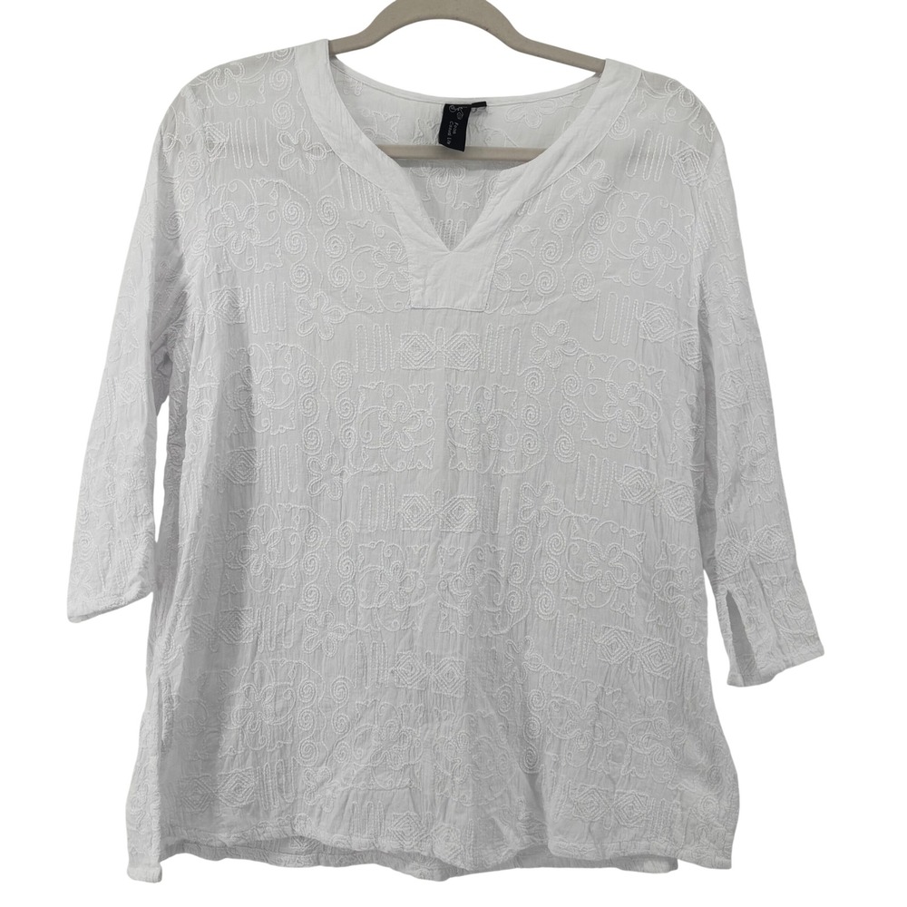 Focus Casual Life White Embroidered Cotton Tunic Top Split V-Neck 3/4 Sleeve S